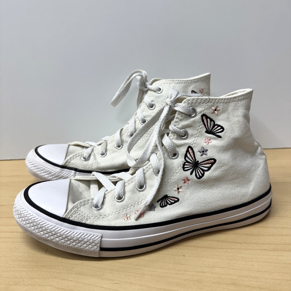 Converse Girl's Chuck High Top Sneakers Cream w Butterflies Size 6 Kid 38.5 Euro